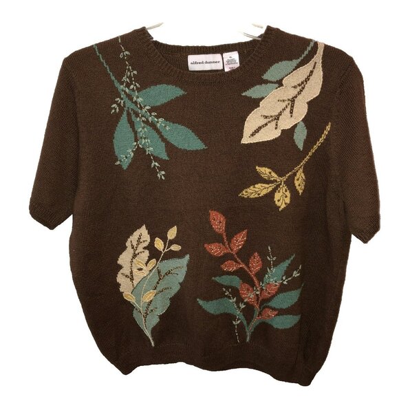 Alfred Dunner Size XL Sweater Leaves Beaded Embroidered Brown Grandma Fall - Picture 1 of 8
